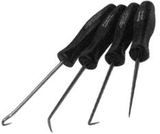 O-Ring Pick Set 3 Packaged in a clear vinyl pouch, kit contains a knurled handle and four screw-in picks with different