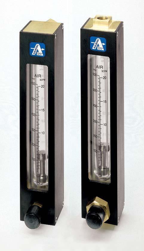 V meters are designed with unique rotatable scales of dual air-water direct reading graduations showing SCFM and L/min (air), as well as GPM and LPM (water) markings.