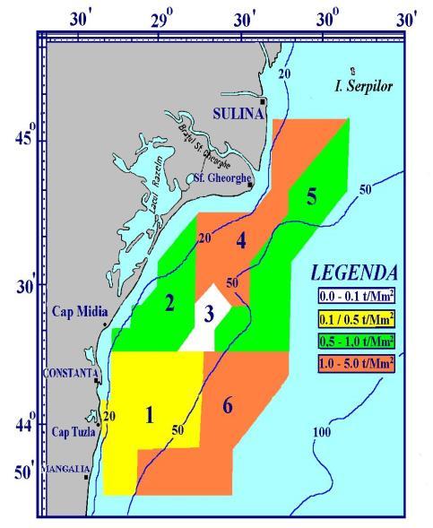 large area between Mangalia and Sulina, with a greater density in Vama Veche - Constan a and Vadu - Sf. Gheorghe, the agglomerations reaching an average of 1.159 t/nm 2 and 1.179 t/mm 2, respectively.