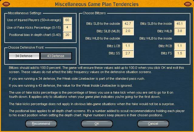 Miscellaneous Game Plan Tendencies The Miscellaneous Game Plan Screen allows you to set part of the game plan your team uses when simulating games.
