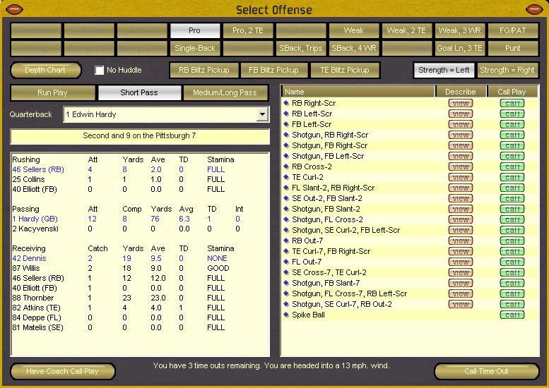 Play Calling Offense Use the Offensive Play Calling Screen to call a play for your offense during a game. Play calling is only available from the scoreboard when the team you control is playing.