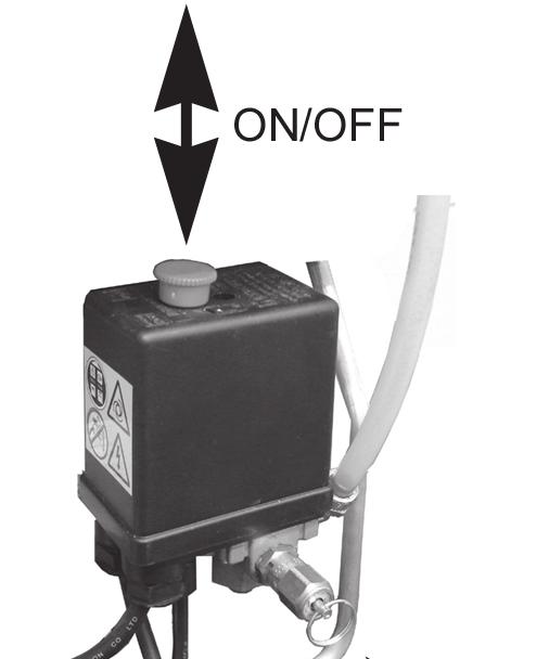 Pull the ON/OFF switch UP to start the compressor as shown in Fig 4. The motor should start immediately, and run, while the tank (reservoir) is being pressurised. 2.