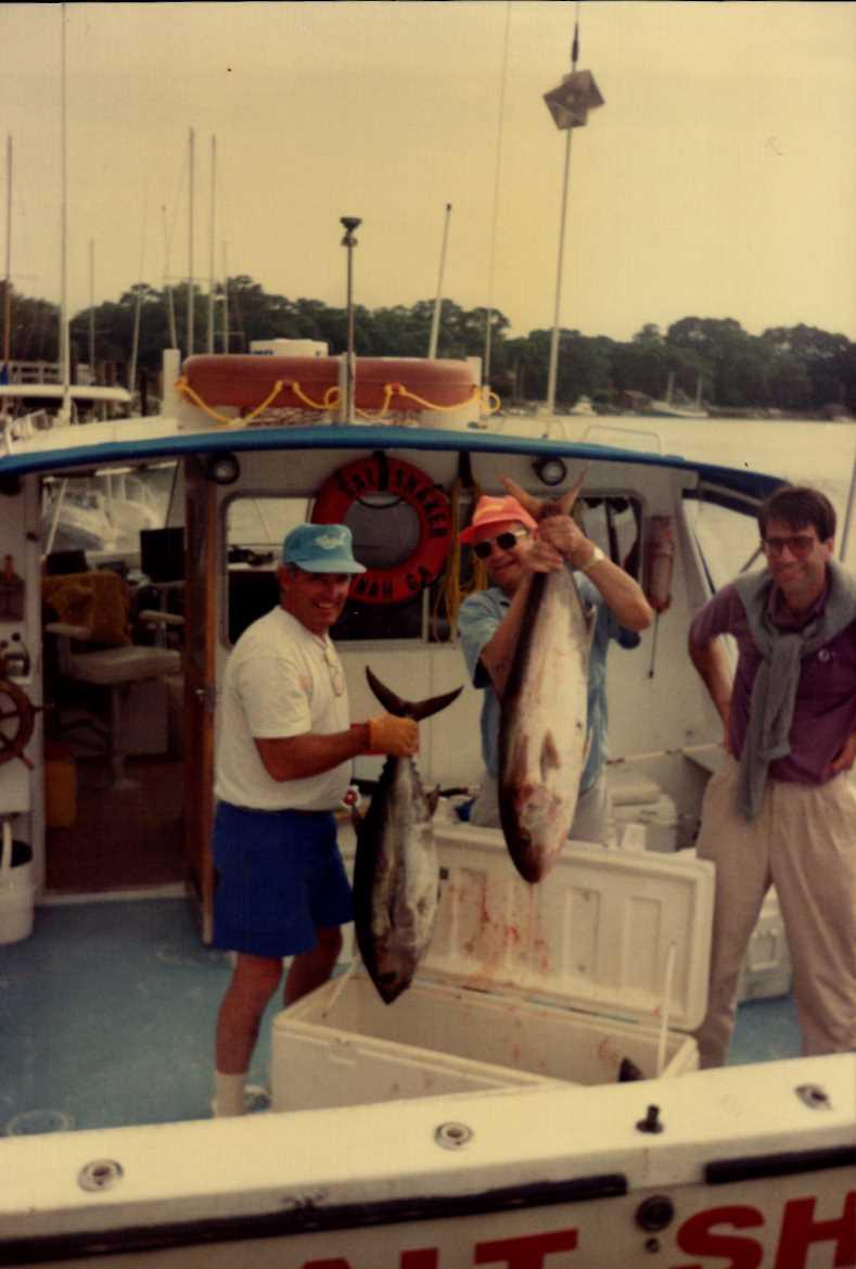 World Famous Captain Uncle Bob Morrissey is showing us his fine catch. He is holding a tuna and the other angler is holding an amberjack better known as a reef donkey!