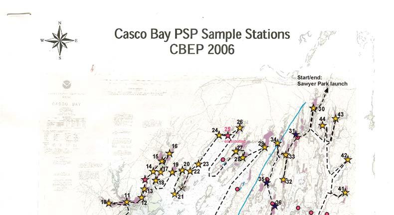 Sampling station location: 44 additional sampling stations supplementing data for DMR s 17 routine shoreline stations in Casco Bay.