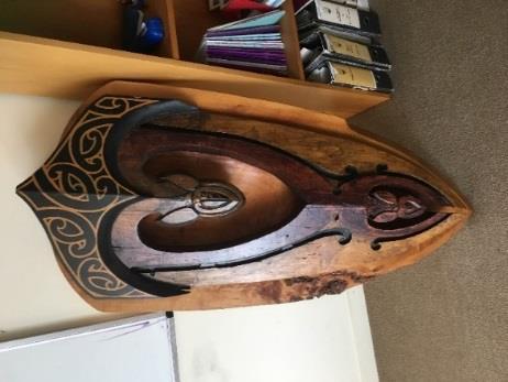 1993 Tauihu - Māori Sports Team of the Year Supreme trophy carved by Richard Francis, former Toihoukura Māori Arts Student Kaupapa: 'TE TAUIHU O TE WAKA-TAUA O TUMATAUENGA'.