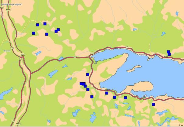 and marking was approved by the Norwegian Environment Agency (Miljødirektoratet) and the Norwegian Animal Research Authority (Forsøksdyrutvalget). Figure 1. Positions of marking sites, March 2016.