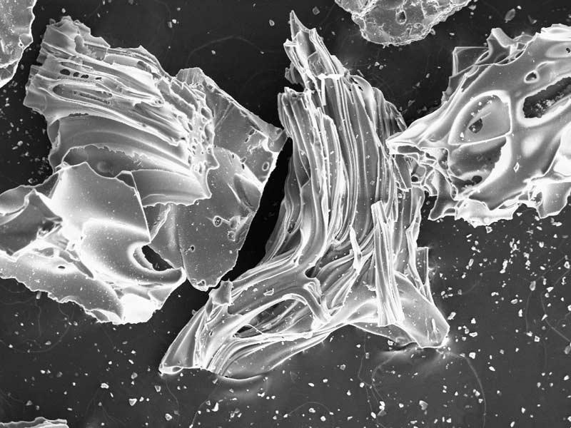 Volcanic glass shards: pieces of volcanic glass viewed microscopically have characteristic shapes, vesicles and