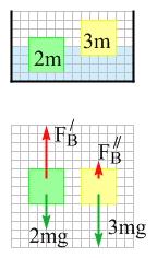 blocks of mass 2m do, and experiences a buoyant force that is half as large We can conclude that the buoyant force exerted on an object by a fluid is proportional to Vdisp, the volume of fluid