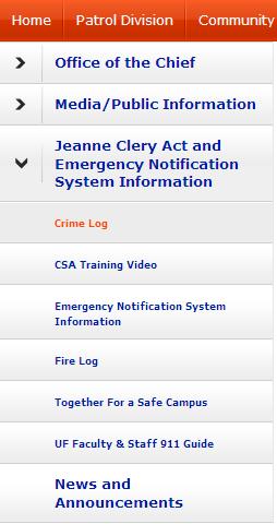Crime Reports Information about recent crime on campus is available through the Crime Log link under the Jeanne Clery Act and Emergency Notification System