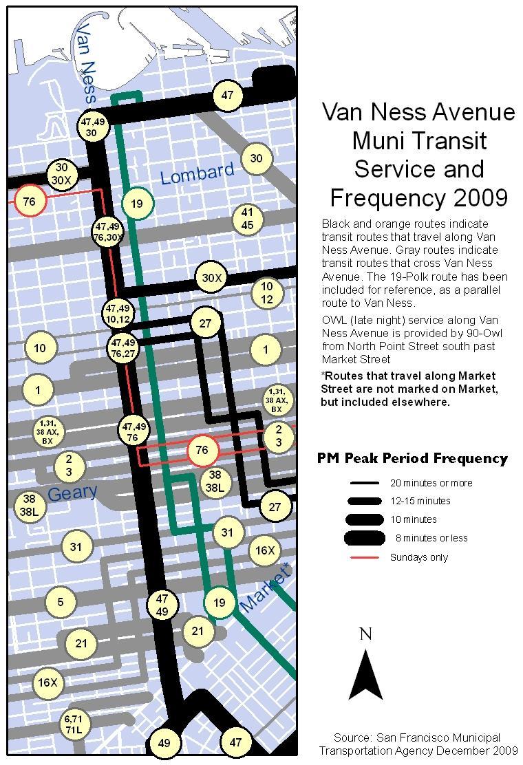 streets. Route 47 runs along the entire length of the proposed Van Ness Avenue corridor.