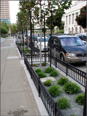 running parallel to Van Ness Avenue (i.e., on the west and east legs of the intersection) are on average 16 feet wide, which corresponds with adjoining sidewalk widths.
