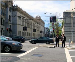 Ladder crosswalks are located at Golden Gate, Turk, Pacific, and Broadway; all other intersections employ traditional parallel line crosswalks.
