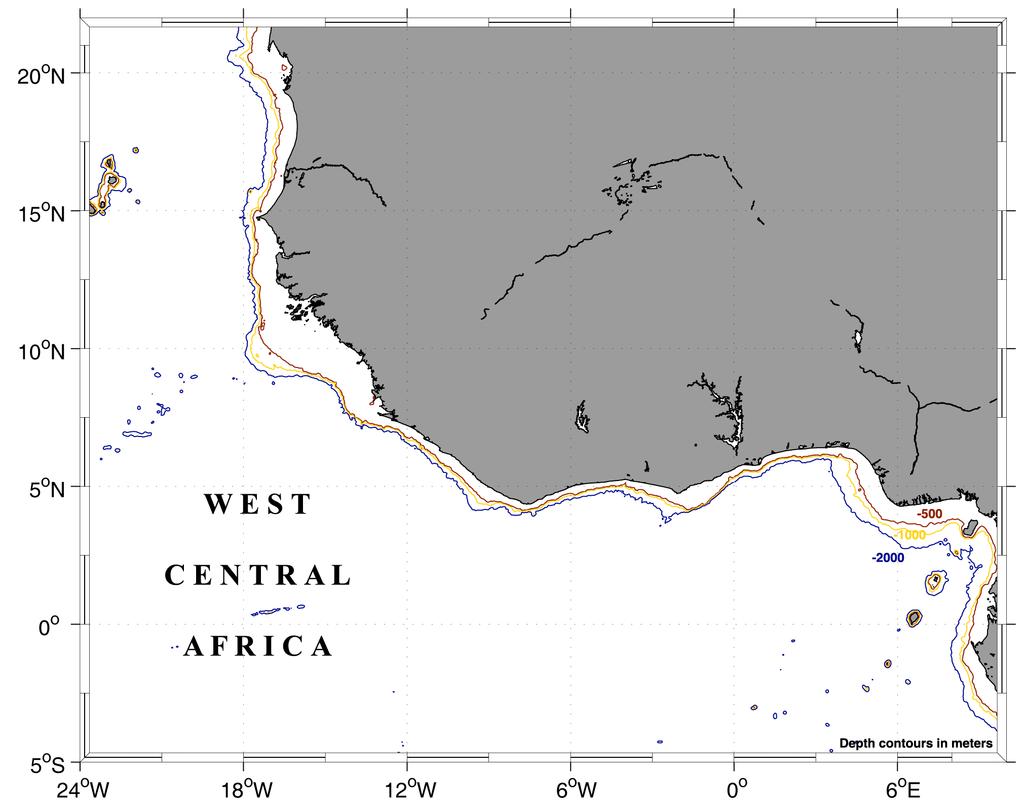Overview covers approximately 5500 km of coast between Western Sahara (22 o N, 17 o W) and Angola (5 o S, 12 o E) (Figure 1). The continental shelf in the region varies significantly in width.