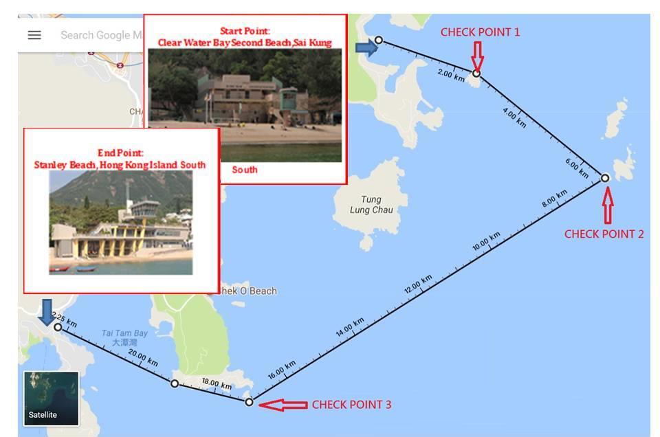 2) ROUTE AND COURSE Around 22km (Start from Clearwater Bay to Stanley) Start Point: Check Point 1: Check Point 2: