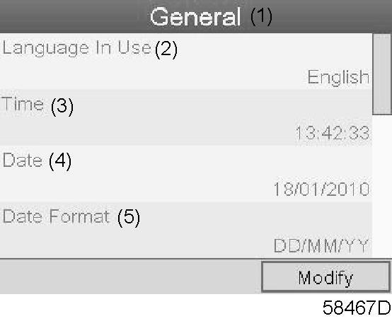 Text on figure (1) General (2) Language in use (3) Time (4) Date (5) Date format The screen shows the first items of a list of all settings.