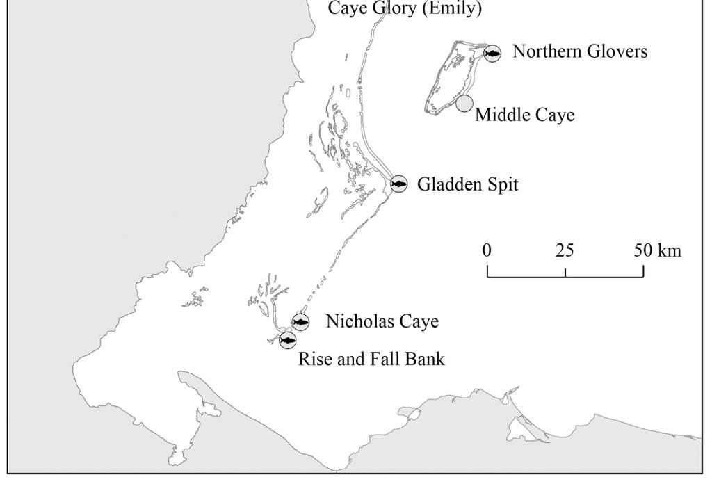 (circle with fish mark) and 2 predicted sites in Belize
