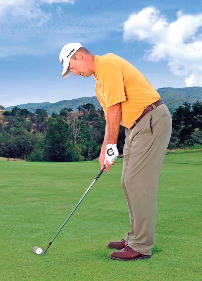 To hit good pitch shots, set up so your arms hang loosely from your shoulders and your feet are close together, to make it easier to rotate (left).
