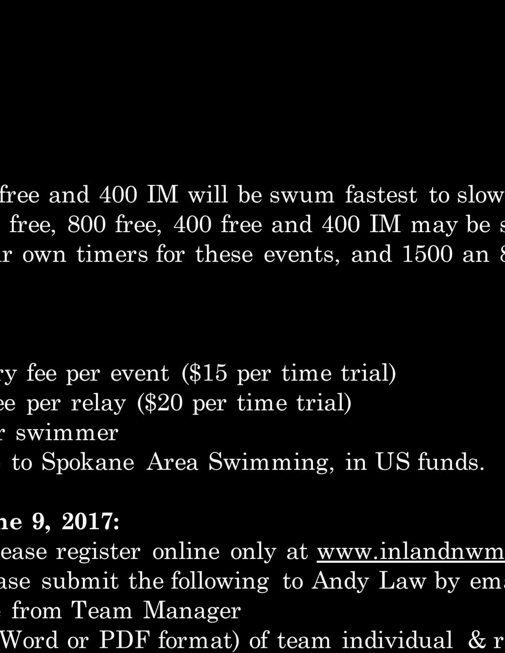 The 1500 free, 800 free, 400 free and 400 IM will be swum fastest to slowest alternating women and men. Some heats of the 1500 free, 800 free, 400 free and 400 IM may be swum mixed gender.