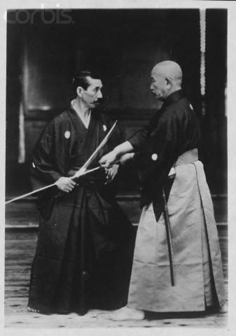 : 19 Demonstration of the precursor to the Nihon Kendo no Kata, the Dai Nihon Teikoku Kendo Kata (Great Imperial Japan Kendo Kata), by kendo masters (le ) Hakudo Nakayama, Hanshi, 10ᵗʰ dan and