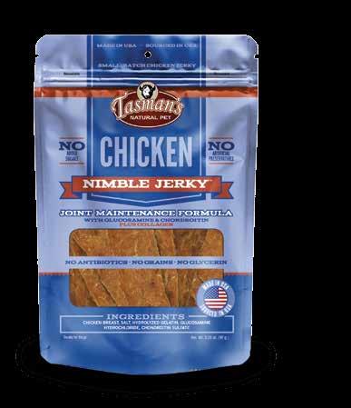 MADE IN USA SOURCED IN USA INGREDIENTS ON THE FRONT TM NIMBLE JERKY ANTIBIOTICS CHICKEN Crude Protein (min) 70.0% Crude Fat (min) 2.0% Crude Fiber (max) 1.0% Moisture (max) 20.