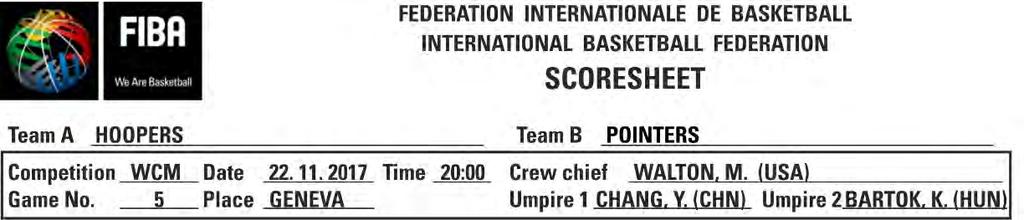 B.1 The scoresheet shown in Diagram 8 is the one approved by the FIBA Technical Commission. B.2 It consists of 1 original and 3 copies, each of a different colour of paper.