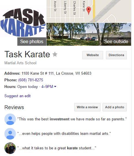 Google Review I hope you are enjoying your lessons at Task Karate. It would help if you could give us a five-star review at Google. Simply google us and then click the link that says write a review!