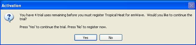 Registration After installation, when first opening Tropical Heat you will receive an activation screen announcing 4 trial uses remaining unless you register.