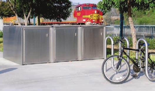 One cabinet securely accommodates two separated bicycles with individual locking doors on each end.