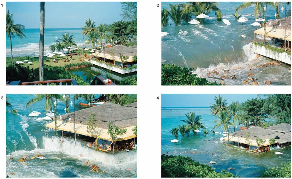 Tsunami Destruction Sea level can rise up to 40 meters (131 feet) when a tsunami reaches shore.