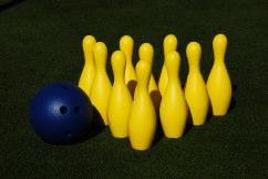 Have the child stand 30 feet away from the pins and try to roll the ball and knock down the pins. Give them five attempts.