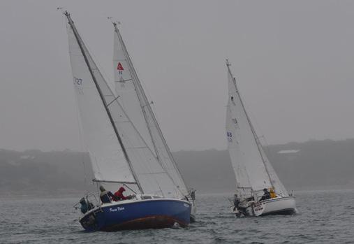 PHRF-B given a 4 for total of 2.8 NM. Temperature was in mid 50's, very foggy, with light drizzle, with wind 6-12 mph out of 135 degrees. We were unable to see windward mark at any time from RC Boat.