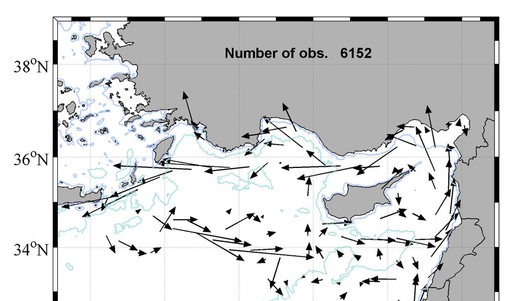 Figure 2. Mean circulation in the Eastern Levatine Sea for the period July 2009 September 2010. The mean flow arrows are centred at the centre of mass of the observations in each bin.