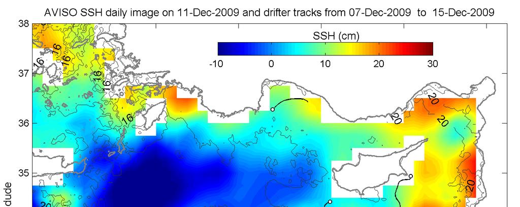 Figure 3. Sea surface height (colors) and sea surface temperature (contour lines with labels in C) in the Levantine Sea on 11 December 2009.