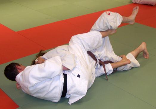 1-The bottom judoka is positioned on his buttocks using his feet, legs, hands and arms to control