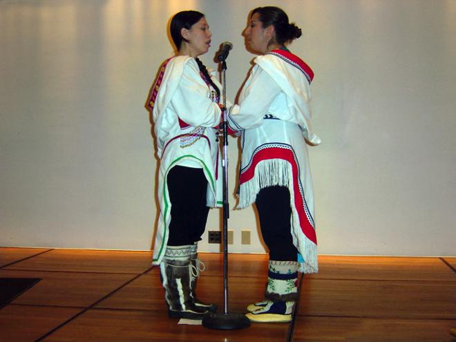 Throat singing uses words that either have lost their meanings or they mimic nature sounds. The Inuit men in most communities would traditionally play the drums.