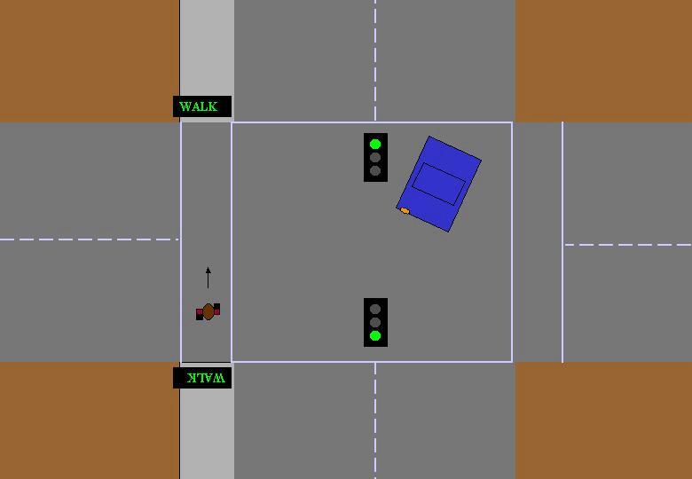 Figure 1: Showcard 7 depicting a person crossing on Walk with traffic initially travelling in the same direction as the pedestrian and turning left on a green light, at a 4-way intersection Figure 2: