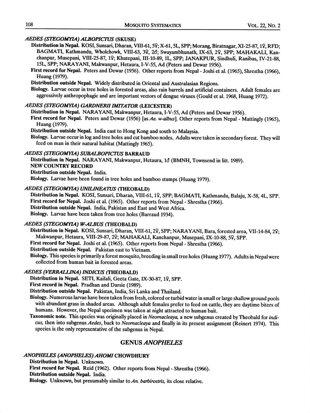 108 MOSQUITO SYSTEMATICS VOL. 22, No. 2 AEDES (SZEGOm) ALBOPICTUS (SKUSE) Distribution in Nepal. KOSI, Sunsari, Dharan, VIII-61,5?; X-61,5L, SPP; Morang, Biratnagar, XI-25-87,1?