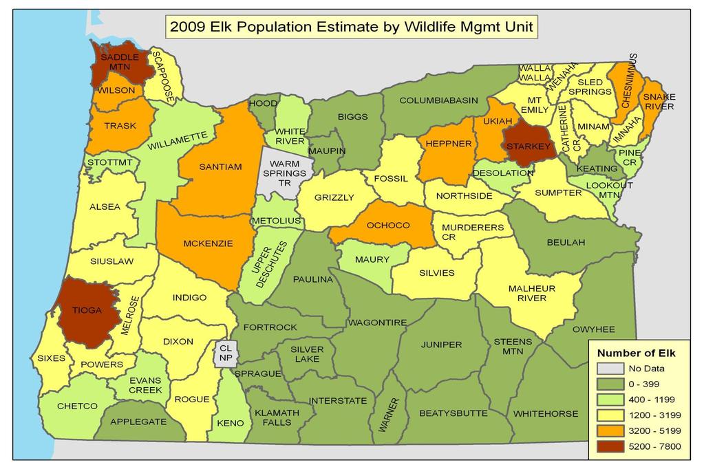 Figure 5. Elk population estimates (2009) by Wildlife Management Unit (Source: ODFW).