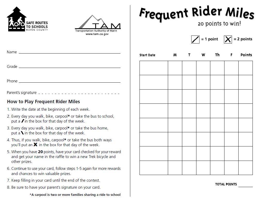 Detailed forms and instructions for a Frequent Rider Miles Award program are available from the Transportation Authority of Marin County (http://www.tam.ca.