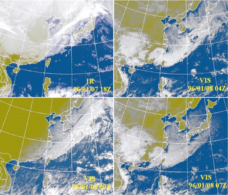 SEPTEMBER 2002 CHEN ET AL. 2273 FIG. 1. Cloud images (white color) observed by the IR and VIS channels of the GMS of Japan at times indicated in each lower-right corner. Figs. 3b and 4).