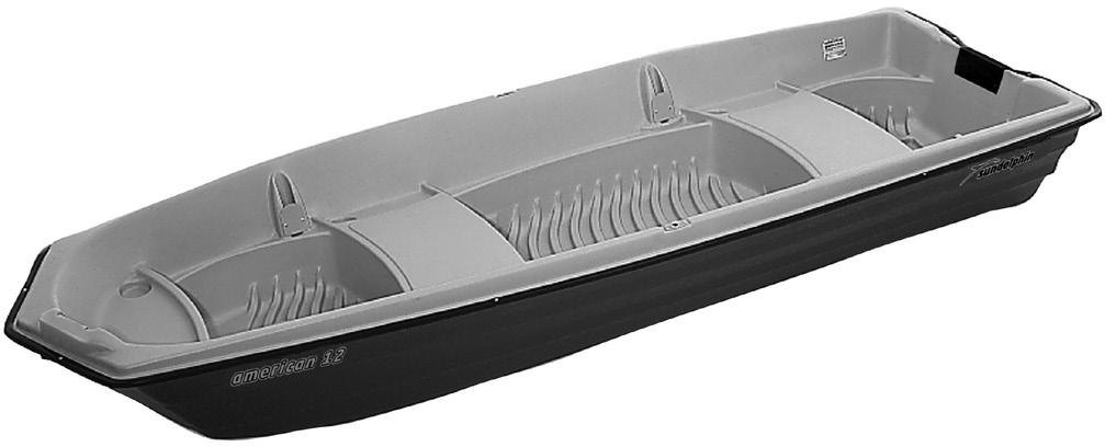 American 12 Jon Boat Built-in front electric motor mount Battery storage locations fore/aft Oarlock sockets Large seating area Recessed drink and Four rod tackle holder holders locations Fuel tank