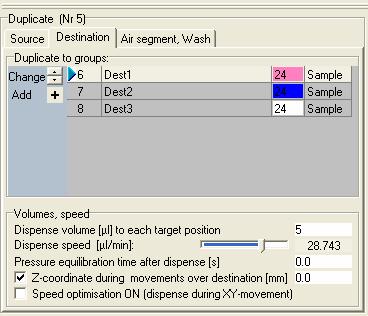 Destination Duplicate to groups: Specify the groups to which you wish to duplicate the samples. Add groups with the [+]-Button, delete the last group with the [Backspace]-key of the computer keyboard.