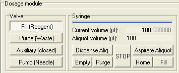 Dosage module This page contains all of the necessary controls for the syringe pump to manually aliquot volumes, to switch the valve to a defined position, to purge and to home the syringe.