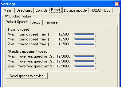 corresponding items in the Controls tab Robot Default speeds The motor speeds for the robot table movement are indicated on this tab.
