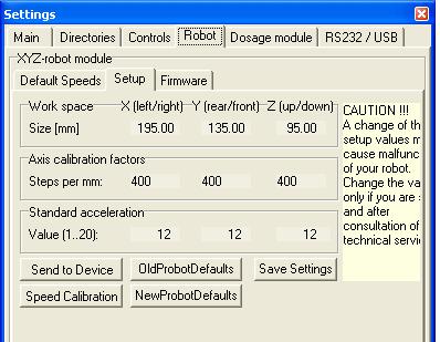 Setup The dimensions of the Probot table and the values to calculate movement times are indicated on this tab.