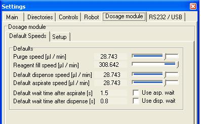 Dosage Module Default speeds The Default speeds have been set to save values for a µtee setup with 30 µm I.D. needle.