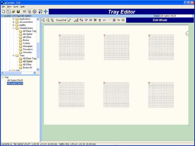 Tray Editor The Tray Editor is used to define the arrangement of the sample carriers on the MALDI target. In addition, grouping of the spots into desired target areas can also be performed.