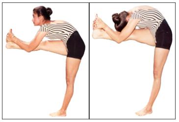 1. Connection between mind and body ability to keep mind under control as well as body. 2. Forehead touching the knee, as high up the leg as possible. 3. Roundness of spine.