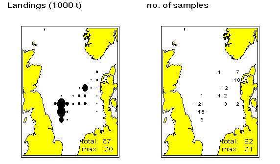 Figure 6.3.3.1.1. Landings weight from all available trips (left hand panel) and number of biological samples (right hand panel) by ICES rectangle for the Danish and Norwegian North Sea sandeel fishery.