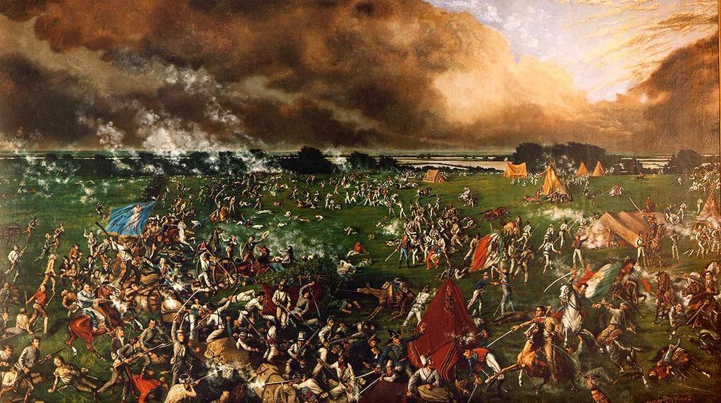 Texas volunteers raced into battle, screaming Remember the Alamo and Remember Goliad! The Texans are attacking from left to right.